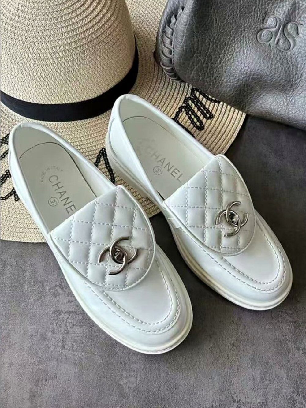 Chanel White Leather Quilted CC Logo Platform Loafers